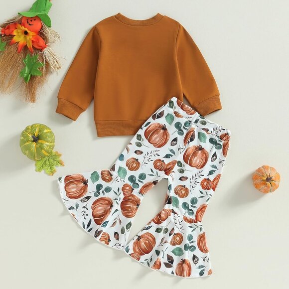 Baby Girl Fall Winter Clothes Pumpkin Patch Crewneck Sweatshirts Flare Pants Set - Picture 4 of 7